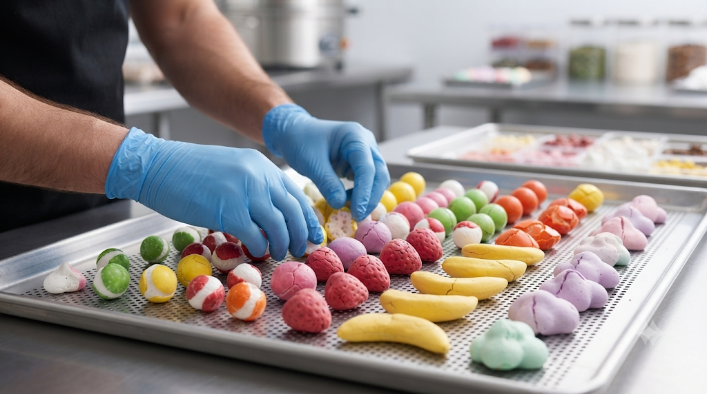 Préparation et tri des bonbons à l'atelier KRAKK, gants et plateaux