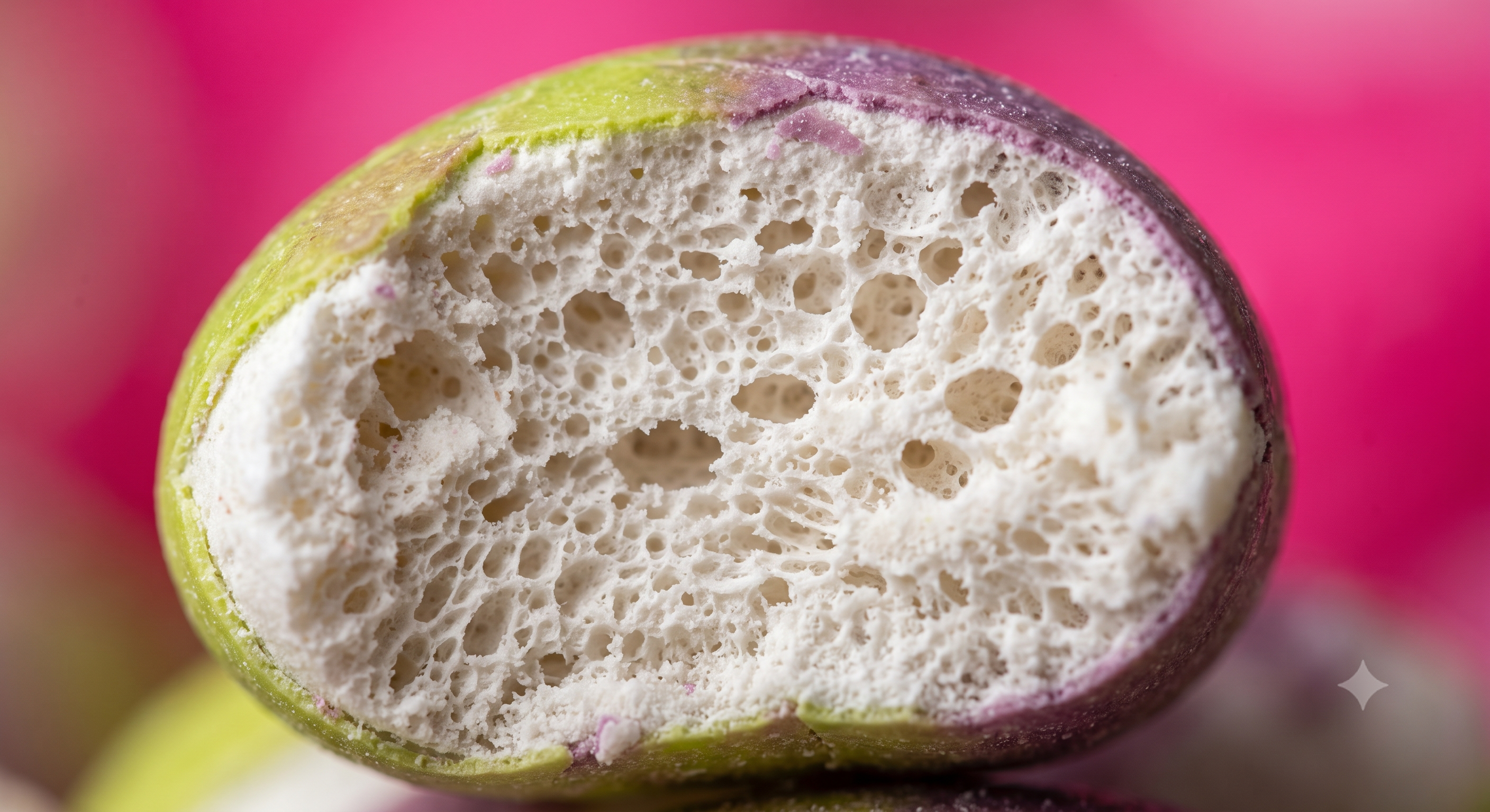 Gros plan macro d'un bonbon lyophilisé KRAKK, texture aérée et croustillante